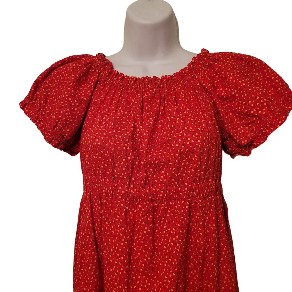 Vintage Red Calico Floral Puff Sleeve Maxi Dress Modest Prairie Western Cottagec